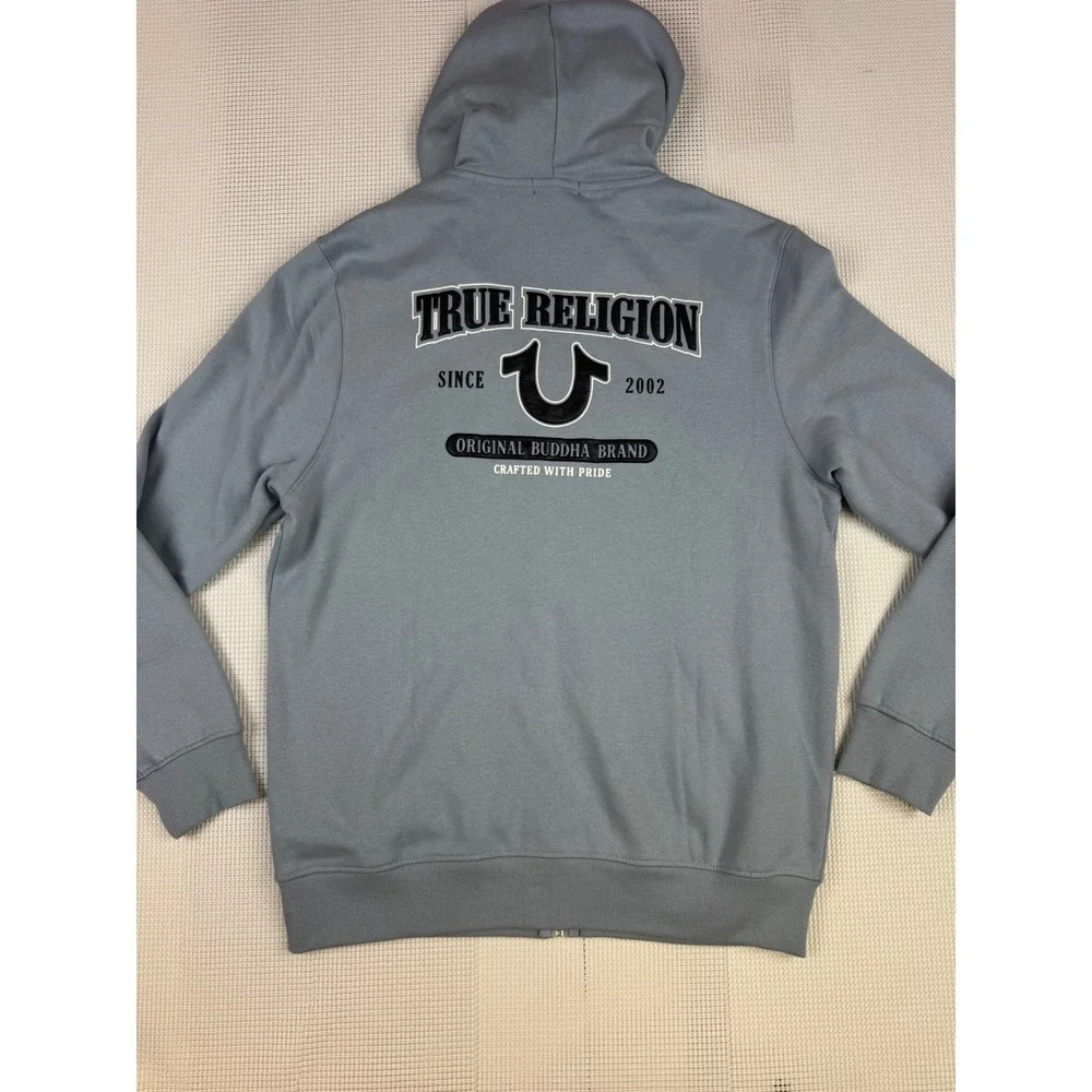 True Religion Mens Dusty Blue Full Zip Hoodie Horseshoe Buddha Logo NWT